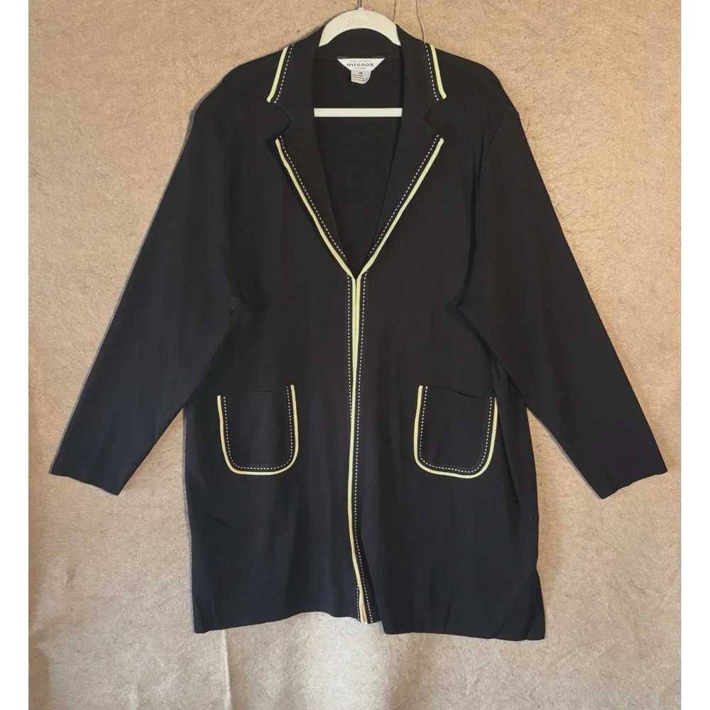 Exclusively Misook Cardigan Sweater Women 3X Black‎ Yellow Open Front Pockets